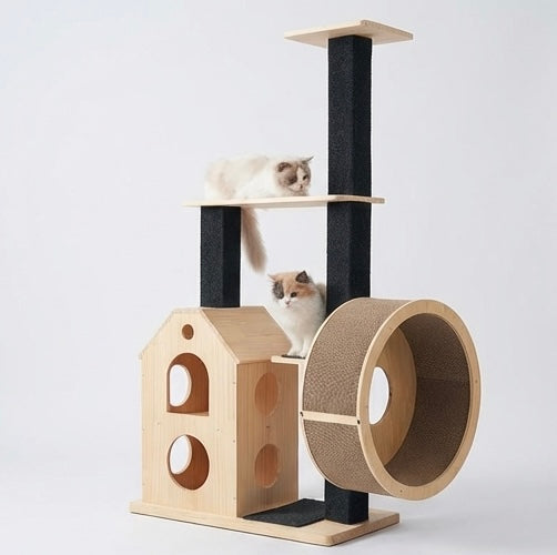 Arbre à chat en bois massif avec roue d'exercice