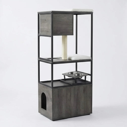 Arbre à chat complet avec litière intégrée et gamelles - 146cm