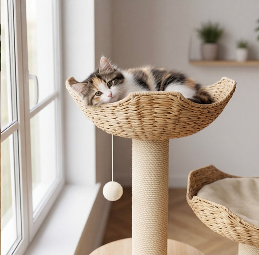 Arbre à chat 3 niveaux en bois naturel – paniers et niche