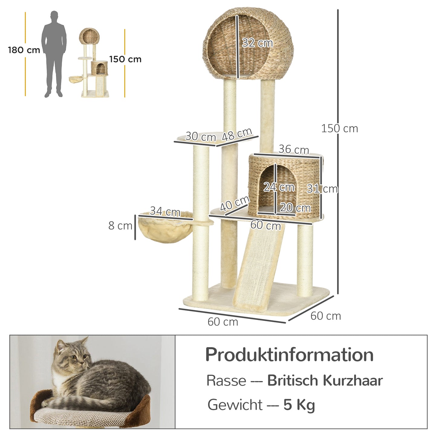 Watch Tower — 150cm Cat Tree with Round House & Hammock