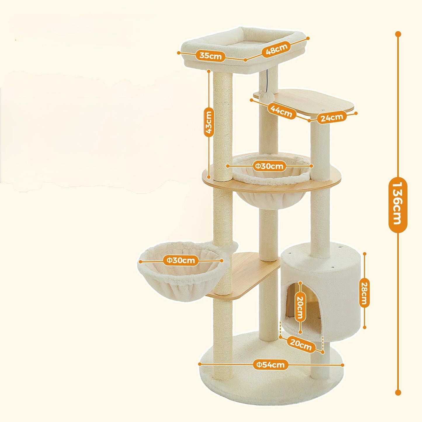 136 cm hoher, mehrstufiger Katzenbaum mit Hängematte
