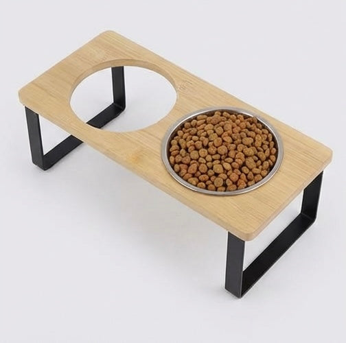 Erhöhter Katzennapf aus Holz, 15° geneigt – Edelstahlnapf mit natürlichem Design und Nackenstütze