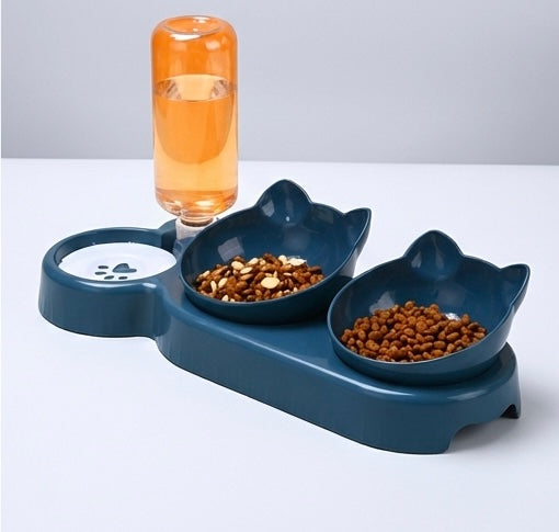 3-in-1 Katzennapf mit Ohrendesign – Abgewinkelte Näpfe + Schwerkraft-Trinkbrunnen mit Nackenschutz