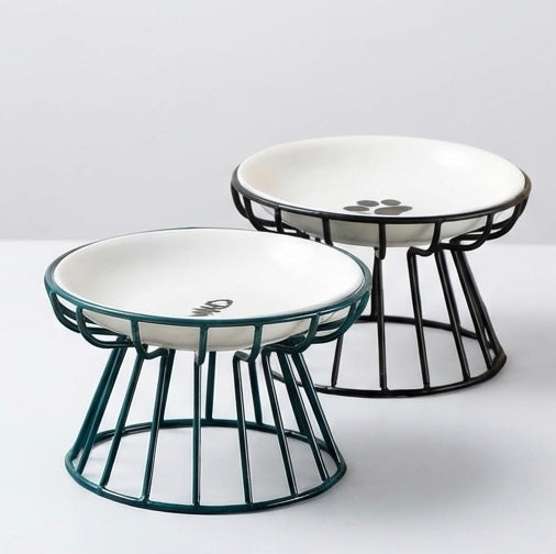 Erhöhter Keramik-Katzennapf mit Ständer – Pfoten- oder Fischmotiv mit Nackenschutz