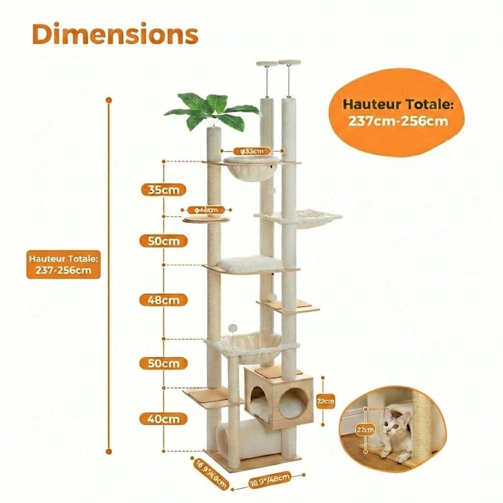 Wooden cat tree – adjustable floor-to-ceiling & hammock