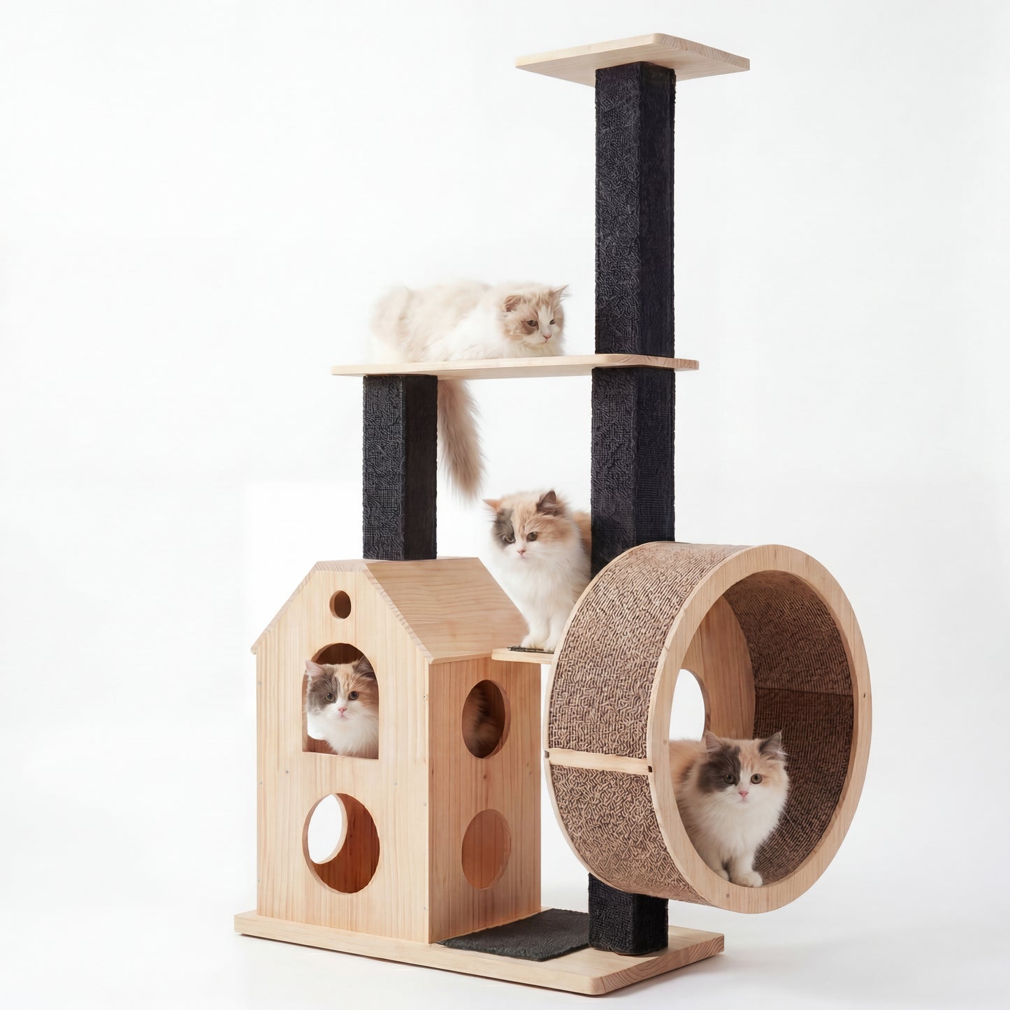Solid wood cat tree with exercise wheel