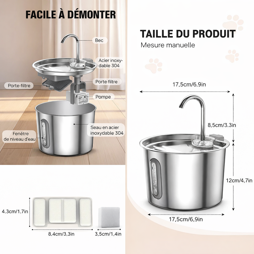 2.2 L Stainless Steel Cat Water Fountain — Ultra-Quiet & Filtering