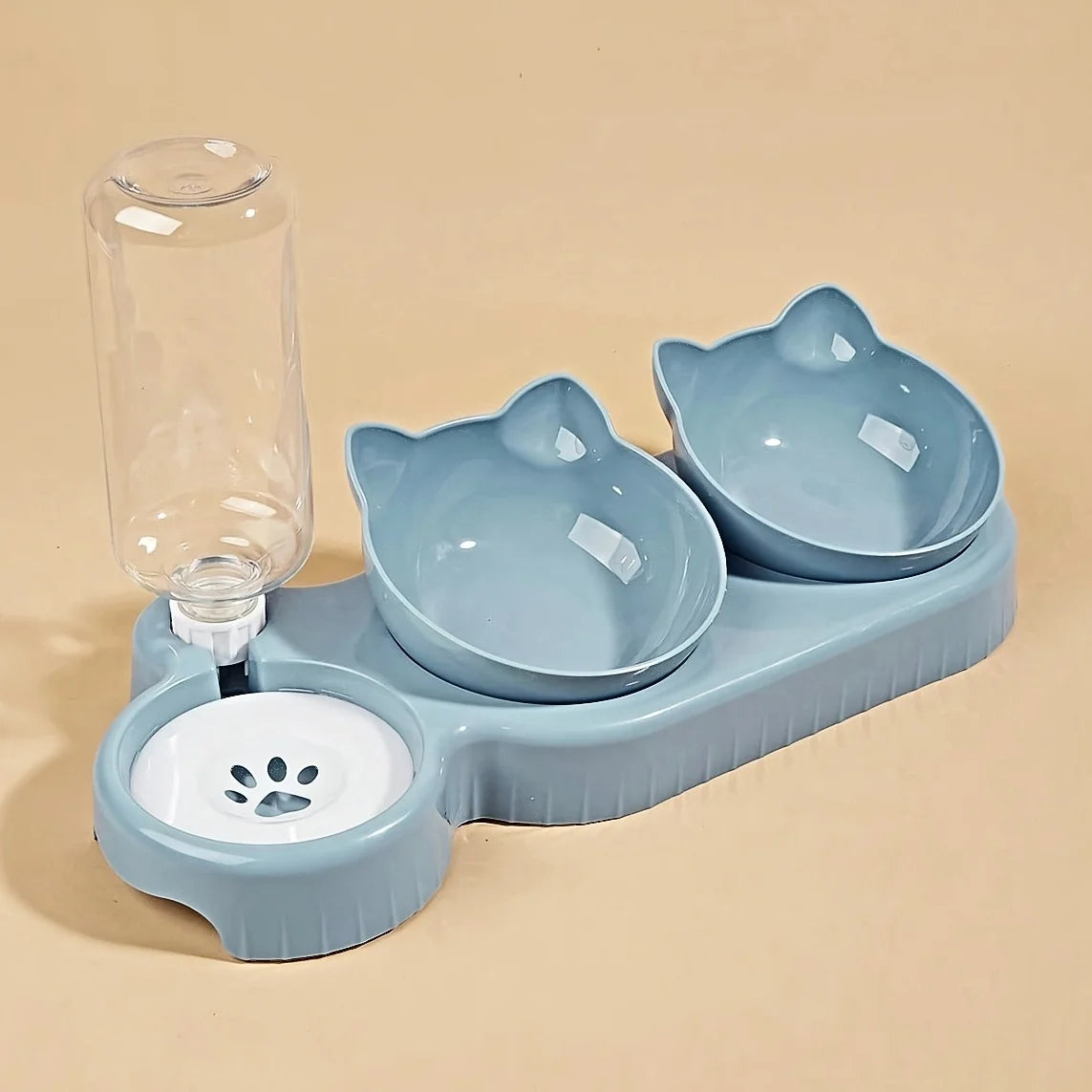 3-in-1 Katzennapf mit Ohrendesign – Abgewinkelte Näpfe + Schwerkraft-Trinkbrunnen mit Nackenschutz
