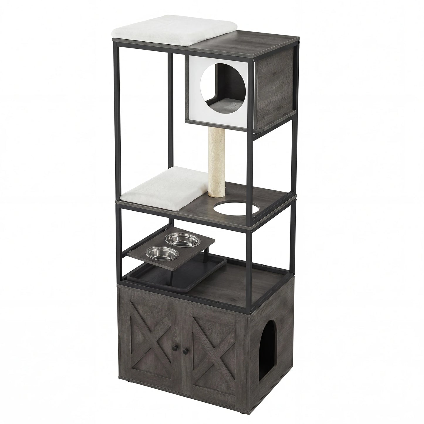 Complete cat tree with integrated litter box and food bowls - 146cm