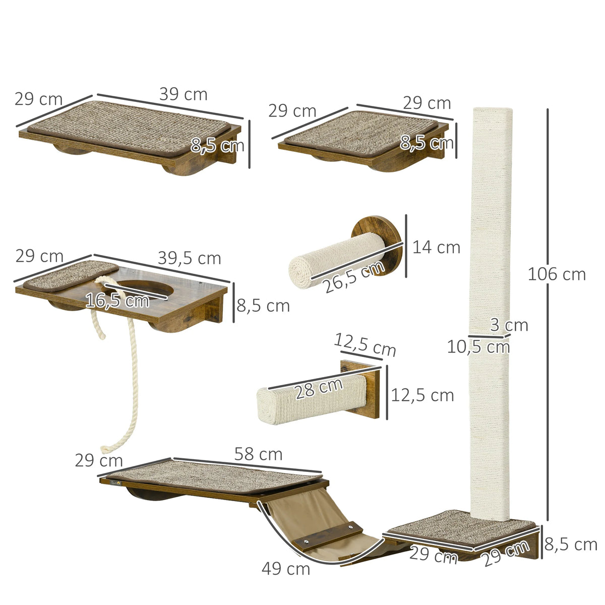 Le Châtaignier — Arbre à Chat Mural 8 Pièces Sisal Marron-Crème