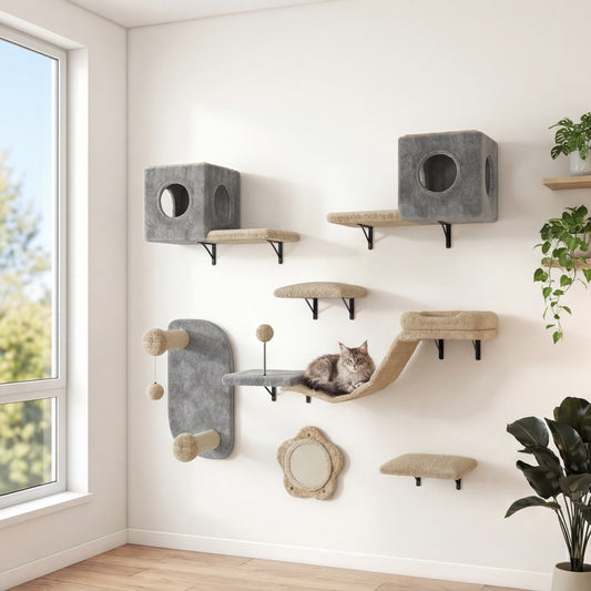 Le Hêtre — Arbre à Chat Mural 8 Pièces Flanelle Gris-Beige