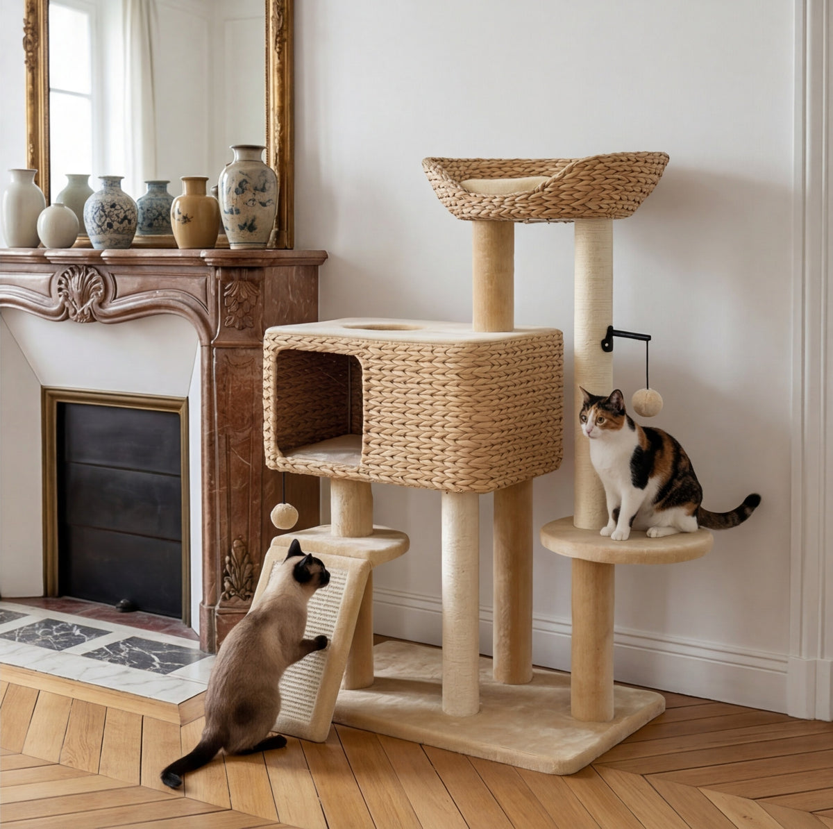 Le Rotin, arbre à chat 98 cm avec niche en jacinthe d'eau et sisal – vue 3