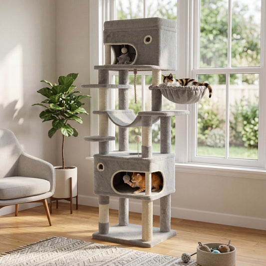 Arbre à chat XXL – 178 cm, 2 grottes & 7 griffoirs