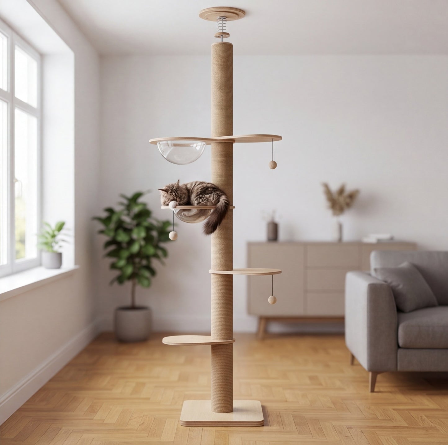 Katzenkratzbaum Deckenhoch aus Holz | Verstellbar 200-261 cm, Sisalkratzflächen, Acrylhöhle