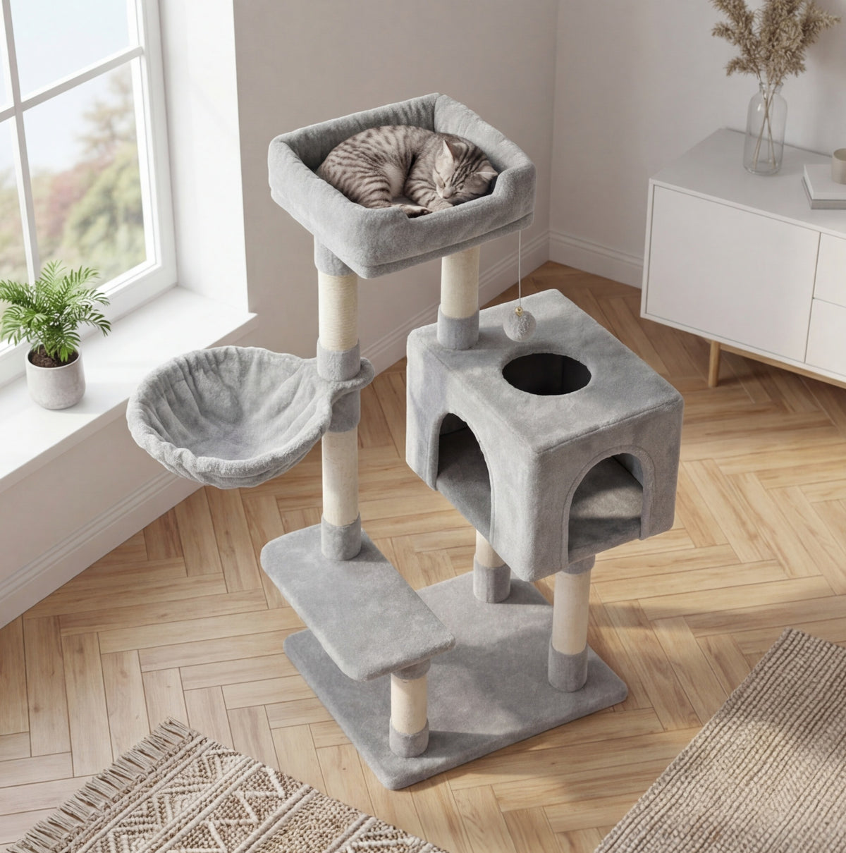 Arbre à chat 100 cm avec 7 griffoirs, maison 3 portes et hamac – vue 4