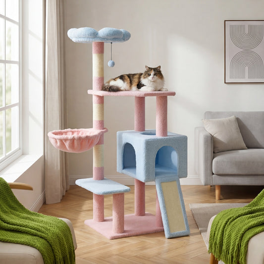 La Marguerite — Arbre à Chat 120 cm Perchoir Fleur & Niche 3 Portes