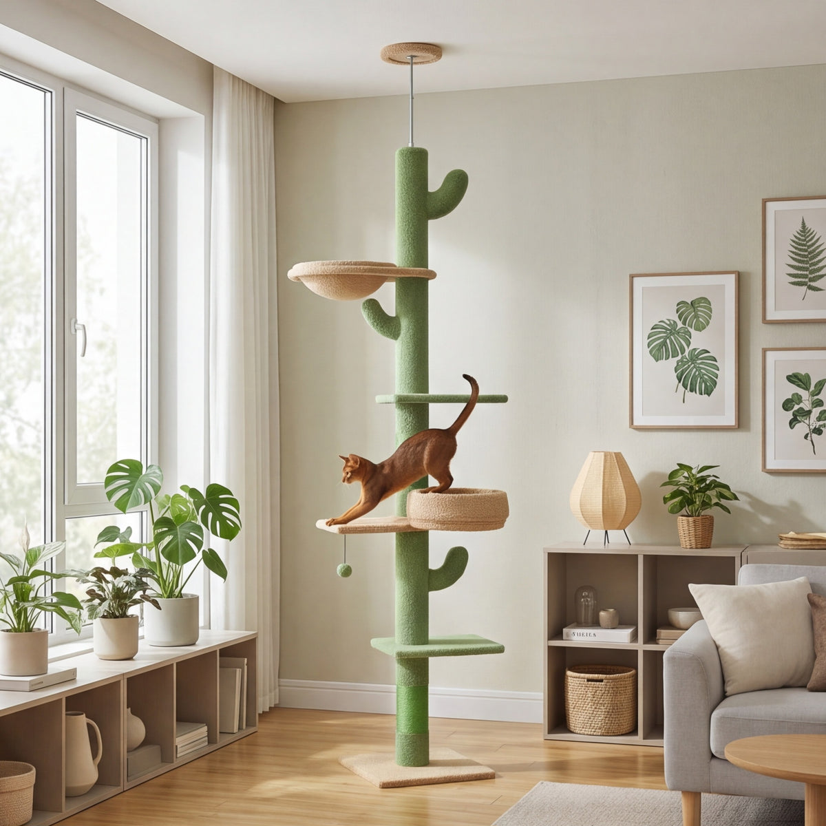 Arbre à chat cactus sol-plafond en bois réglable de 205 à 255 cm – vue 3