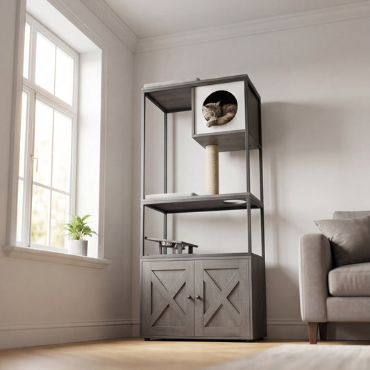 Kompletter Katzenbaum mit integrierter Katzentoilette und Futternäpfen – 146 cm