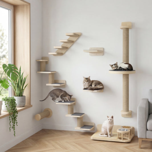 Le Mélèze — Arbre à Chat Mural 8 Pièces Pin & Sisal avec Gamelles