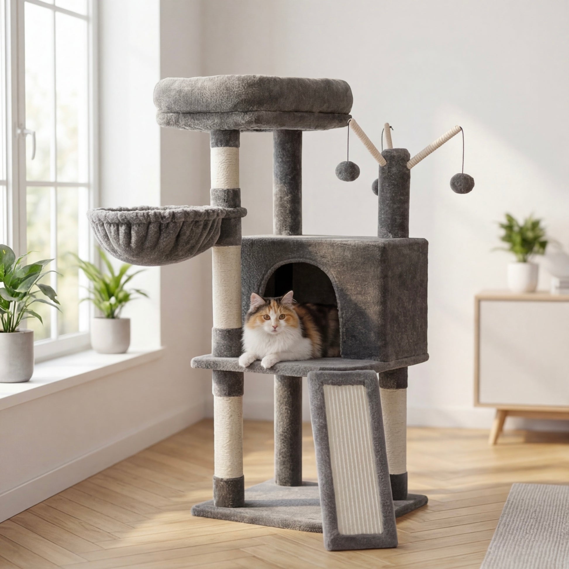 105 cm hoher Katzenkratzbaum – 4 Ebenen mit Höhle und Hängematte – 3 Farben – onmycat