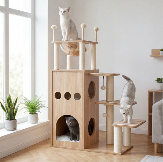 Moderner Katzenbaum aus Holz in Burgform