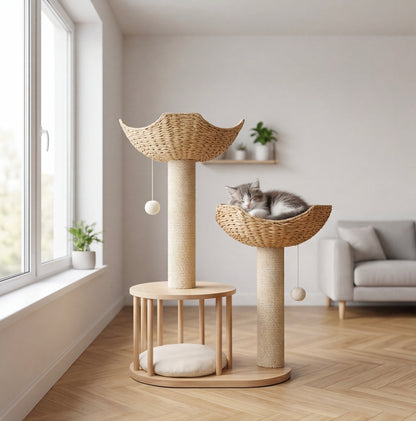 Arbre à chat 3 niveaux en bois naturel – paniers et niche