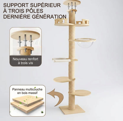 Solid wood cat tree – floor-to-ceiling 271-305 cm
