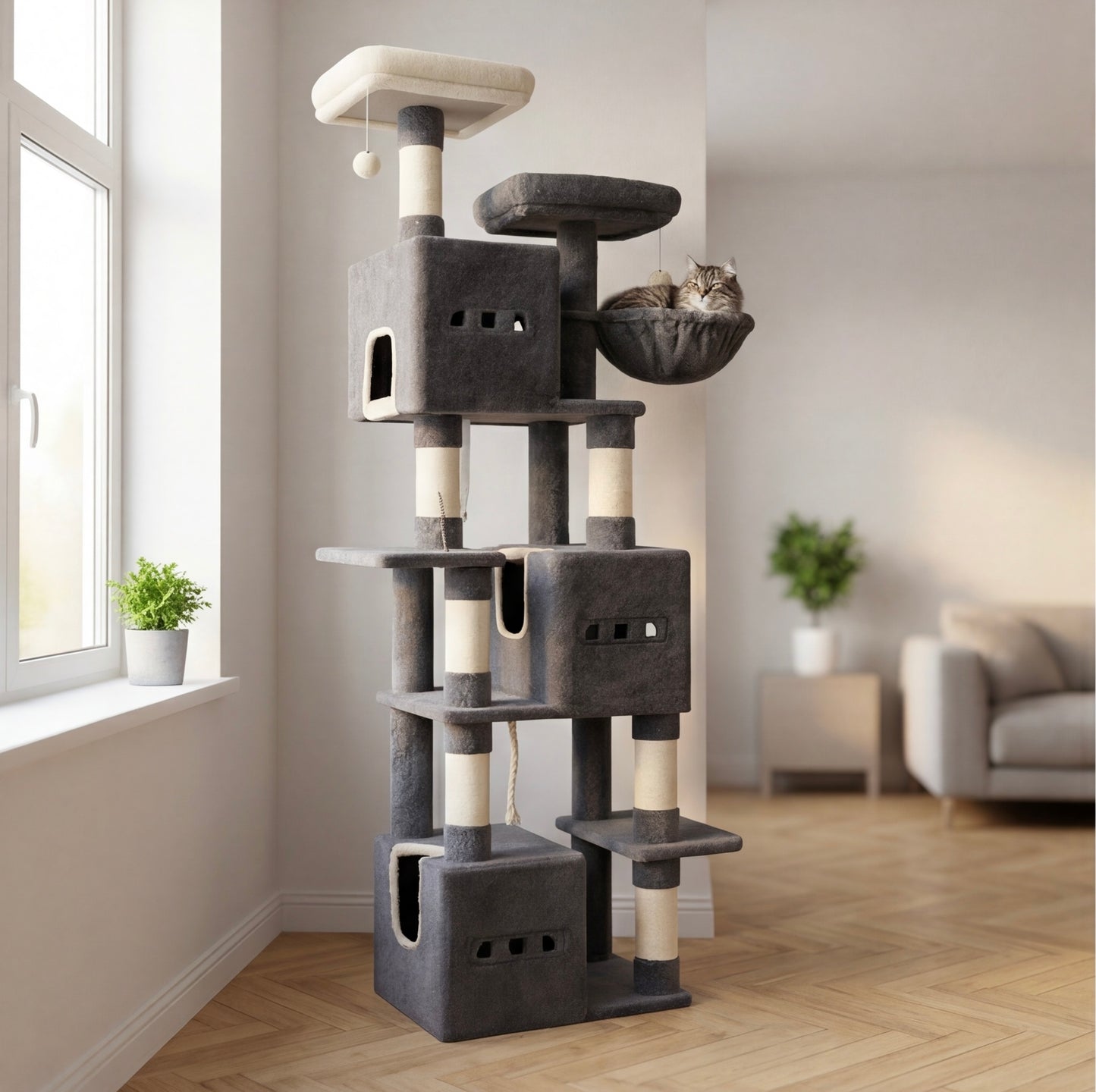 Arbre à chat XXL – 193 cm, 3 niches & 7 griffoirs