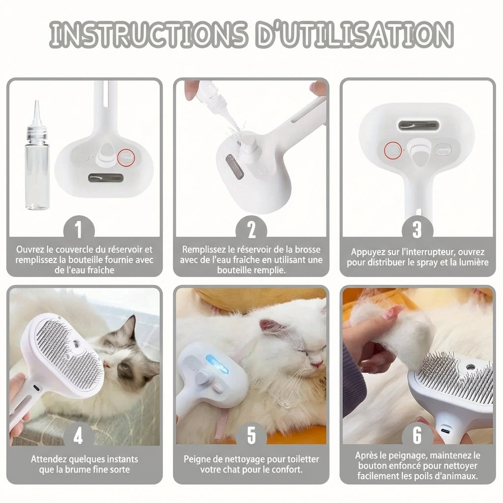 Brosse spray vapeur pour chat - Humidifie et démêle