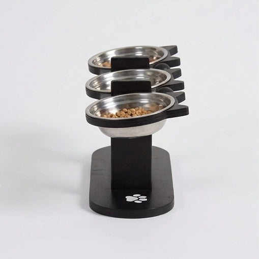 Gamelle Surélevée Chat 3 Bols Bois et Inox - Support Incliné 15° Ajustable