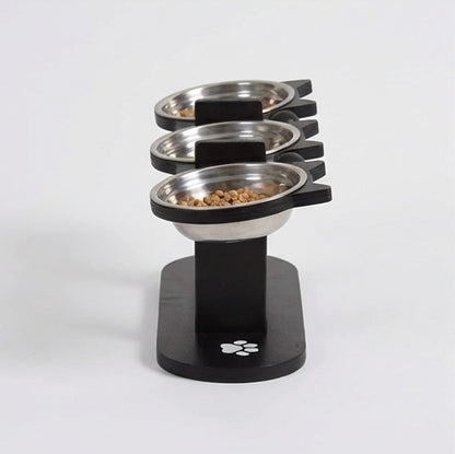 Gamelle Surélevée Chat 3 Bols Bois et Inox - Support Incliné 15° Ajustable