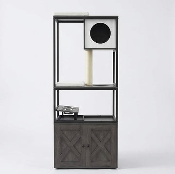 Arbre à chat complet avec litière intégrée et gamelles - 146cm