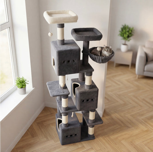 Arbre à chat XXL – 193 cm, 3 niches & 7 griffoirs