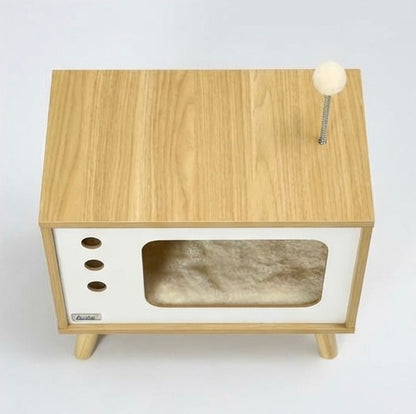 Katzenhaus im Retro-TV-Design mit Kissen und Ball – 50 x 28 x 43 cm