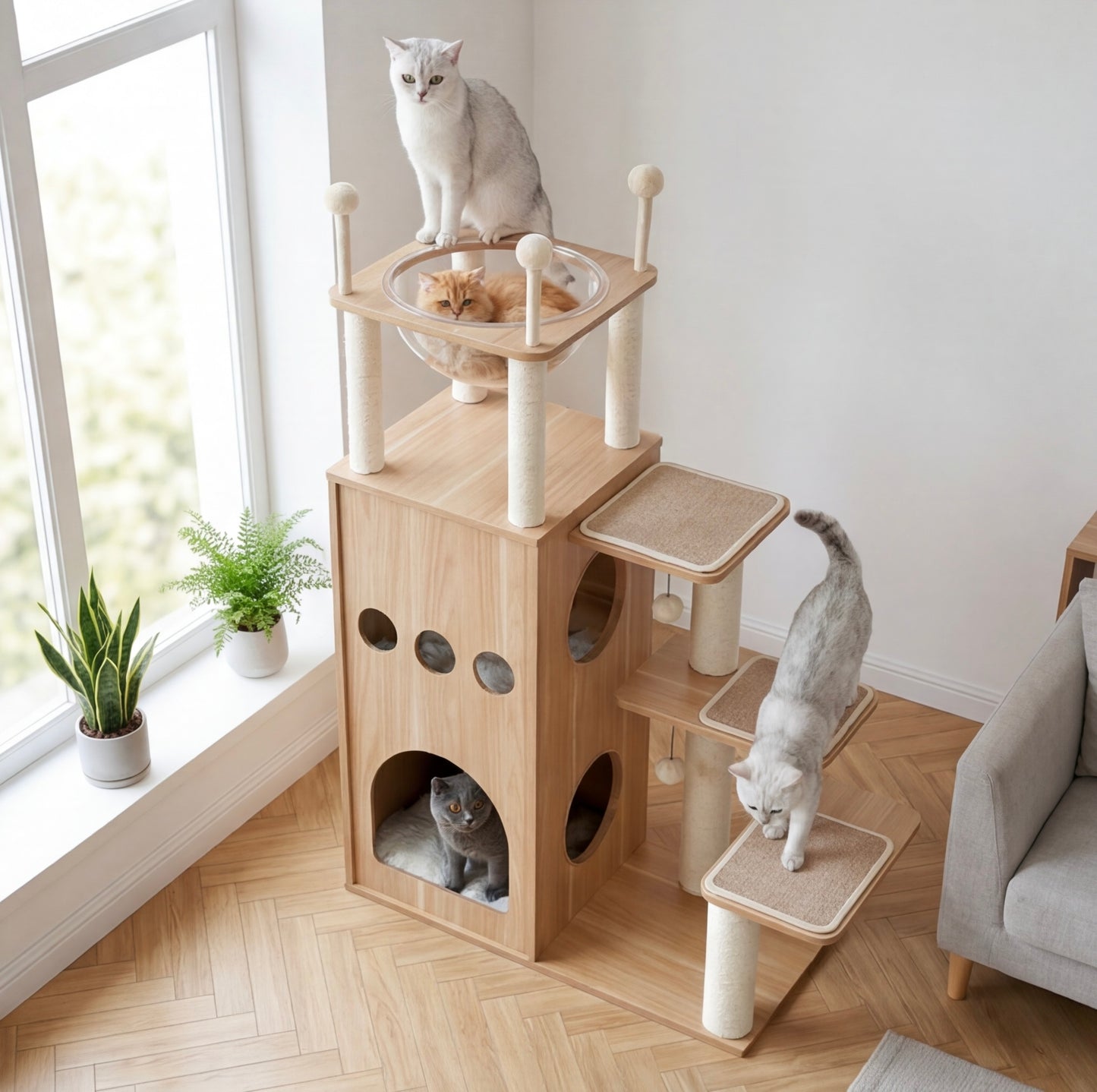 Modern design wooden castle cat tree
