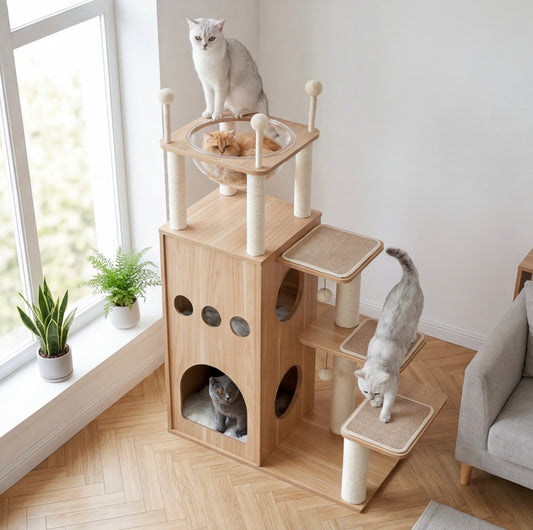 Moderner Katzenbaum aus Holz in Burgform