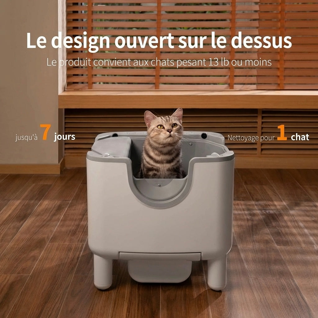 Litière auto-nettoyante ouverte avec contrôle odeurs