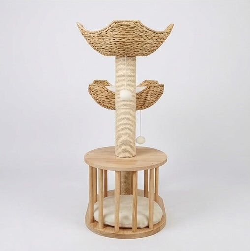 Arbre à chat 3 niveaux en bois naturel – paniers et niche