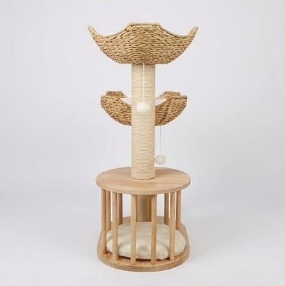 Arbre à chat 3 niveaux en bois naturel – paniers et niche
