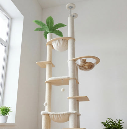 Arbre à chat en bois – réglable sol-plafond & hamac