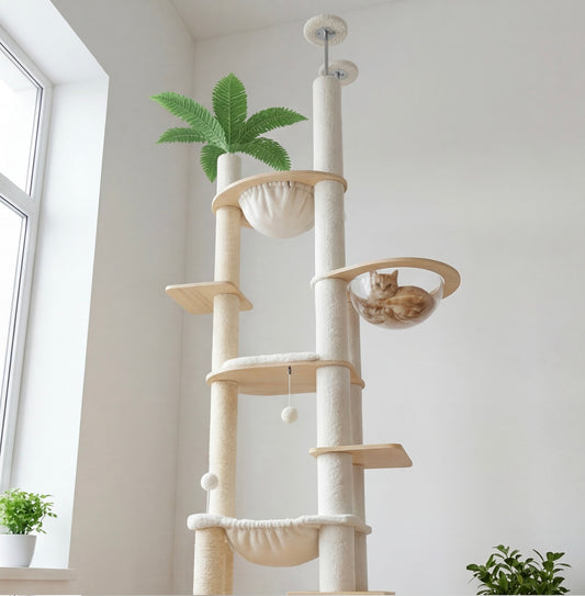 Arbre à chat en bois – réglable sol-plafond & hamac