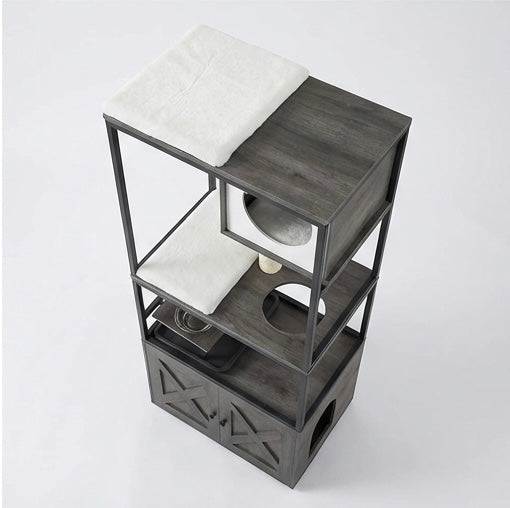 Complete cat tree with integrated litter box and food bowls - 146cm