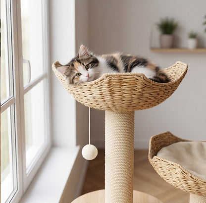 Arbre à chat 3 niveaux en bois naturel – paniers et niche