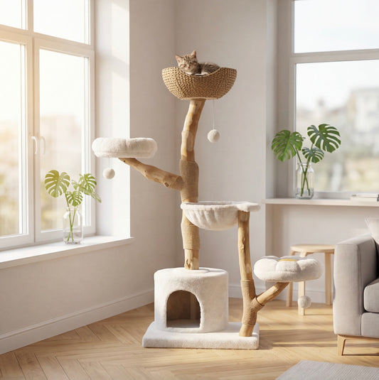5-stufiger Katzenbaum aus Massivholz – 150 cm, Wolkenweiß