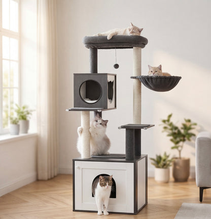 Cat tree with integrated litter box