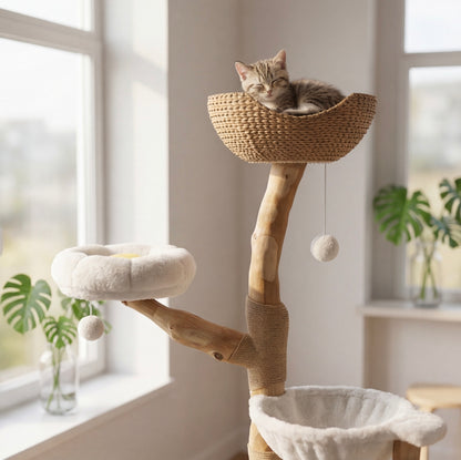 5-level solid wood cat tree – 150 cm cloud white