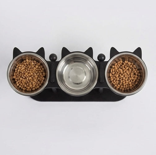 Gamelle Surélevée Chat 3 Bols Bois et Inox - Support Incliné 15° Ajustable
