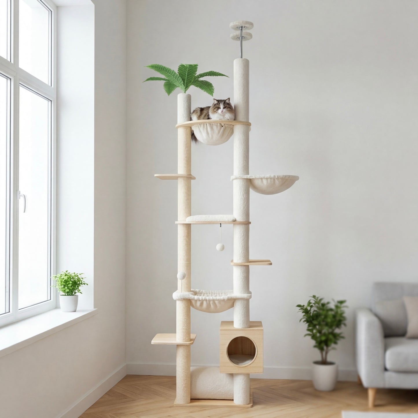 Arbre à chat en bois – réglable sol-plafond & hamac