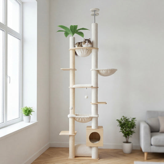 Arbre à chat en bois – réglable sol-plafond & hamac