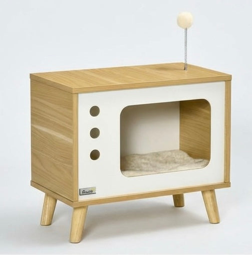 Katzenhaus im Retro-TV-Design mit Kissen und Ball – 50 x 28 x 43 cm